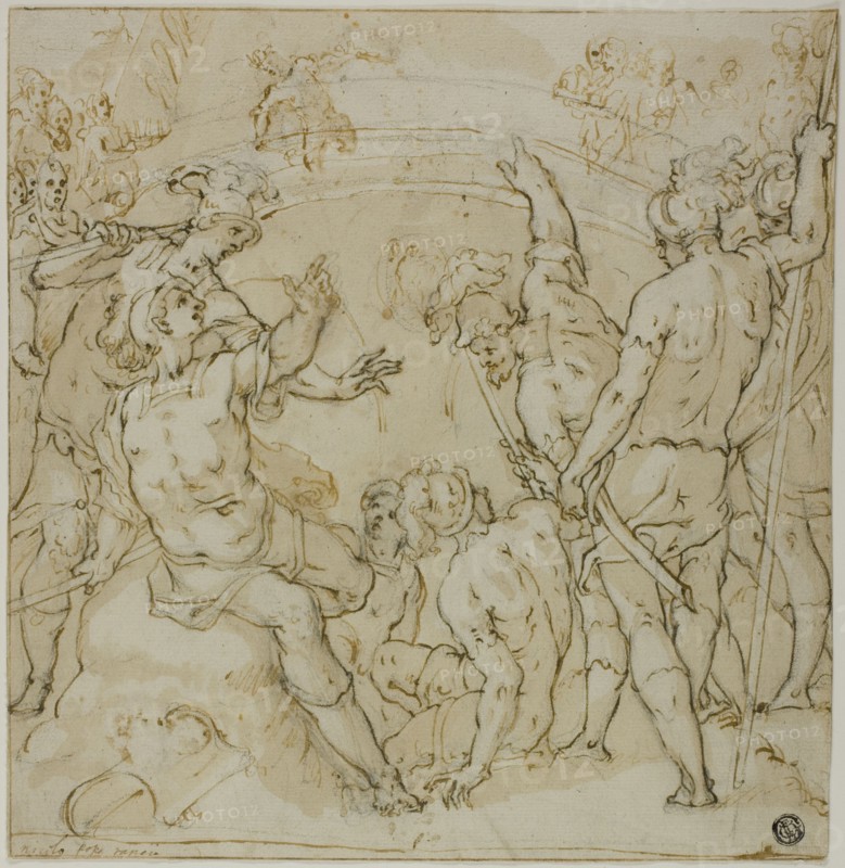 Study for the Duel between Heraclius and Khosrau (r); Sketches of Seated Figure (v), 1582. Creator: Niccolo Circignani.