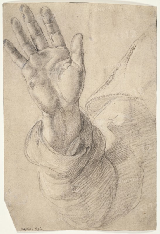 Upraised Right Hand, with Palm Facing Outward: Study for Saint Peter, 1518/20. Creator: Raphael.