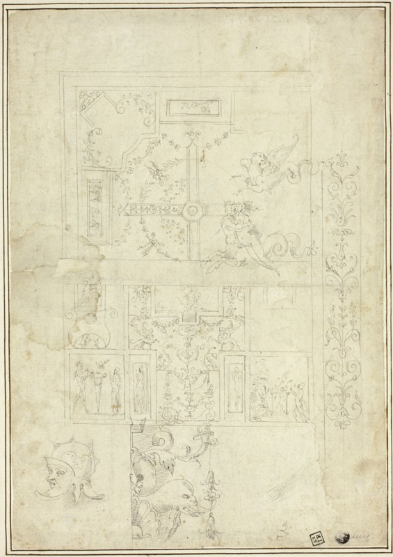 Ceiling Design, with Sketches of Ornamental Border, Helmeted Head (recto); Sketches..., n.d. Creators: School of Giovanni da Udine, called Giovanni dei Ricamatori, School of Perino del Vaga.
