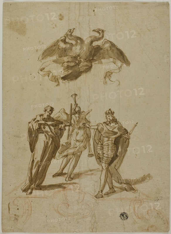 Allegorical Subject: Two-headed Imperial Eagle on Clouds; On Ground, a Draped..., 16th century. Creator: Unknown.