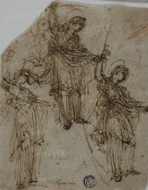 Sketches of a Standing Saint Holding a Sword (r); Sketches of Figures and Heads (v), 1550/59... Creator: Unknown.