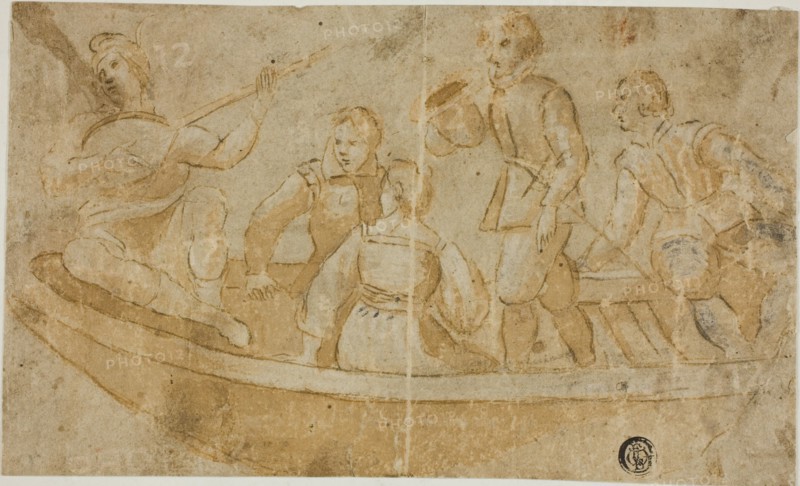 Three Men, Woman and Luteplayer in Boat, n.d. Creator: Unknown.
