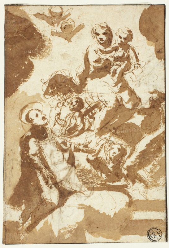 Virgin and Child on Clouds with Kneeling Male Saint (recto); Sketch of Two Female..., n.d. Creator: Unknown.