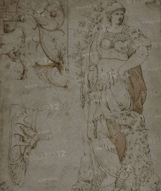 Three Sketches: Fortitude, a Sandal, and Grotesques (recto); Sketches of Grotesques..., 1560/69. Creator: Unknown.