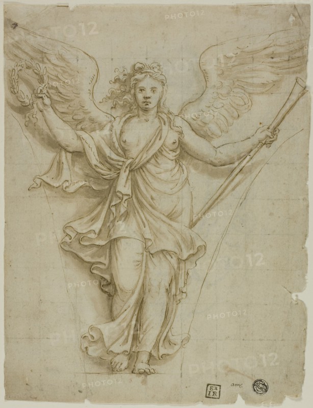 Spandrel Design with Allegorical Figure of Fame (r); Design for Coat of Arms (v), c.1532. Creator: Workshop of Giulio Pippi, called Giulio Romano.
