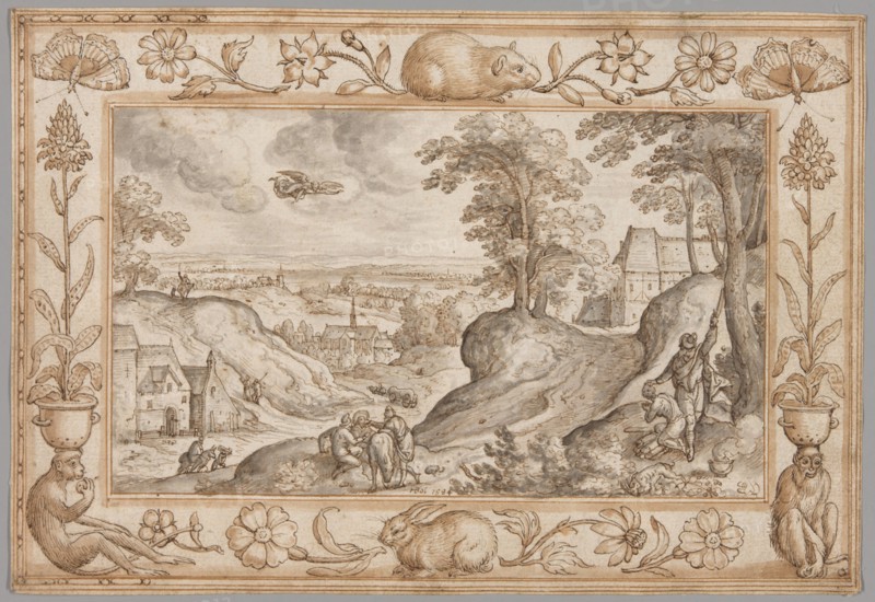 Landscape with the Sacrifice of Isaac within a Decorative Border of Plants and Animals, 1584. Creator: Hans Bol.