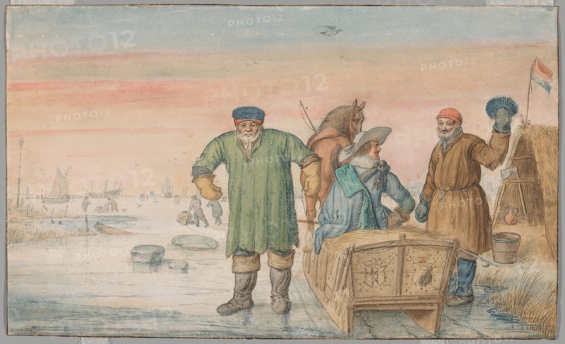 Two Old Men beside a Sled Bearing the Coats of Arms of Amsterdam and Utrecht, 1620/33. Creator: Hendrick Avercamp.