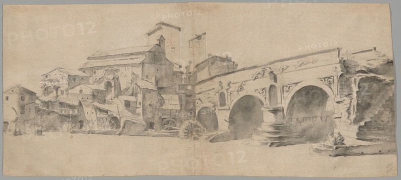 View of the Ponte Rotto, Rome, with Watermills, late 1630s. Creator: Jan Asselijin.