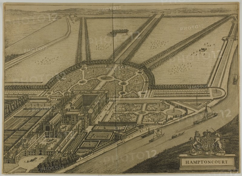 Hampton Court, plate six from Britannia Illustrata, published 1707. Creator: Johannes Kip.