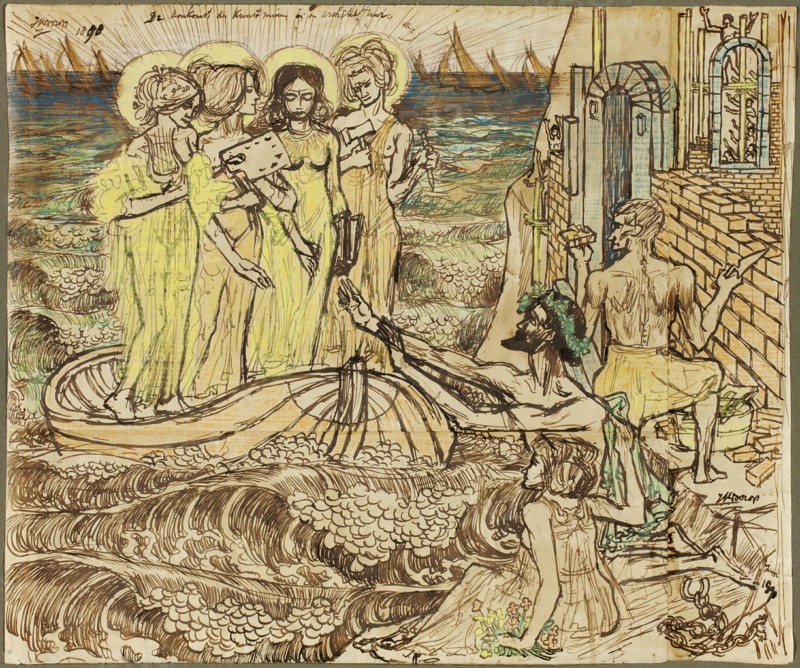The Arrival of the Muses of Art at Architecture, 1890. Creator: Jan Toorop.