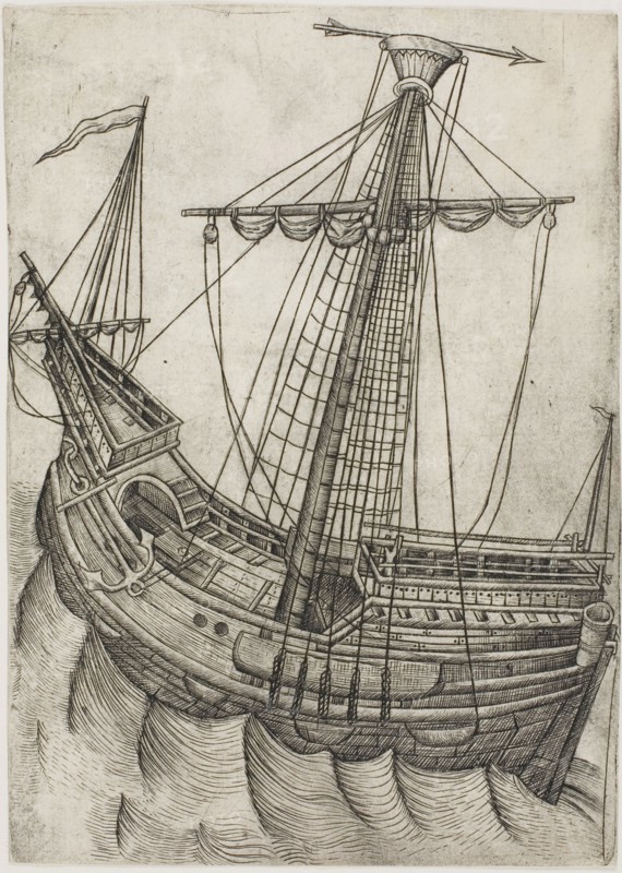 Ship with Sails Furled and Arrow Pointing to the Right, 1475/85. Creator: Master W. with the Key.