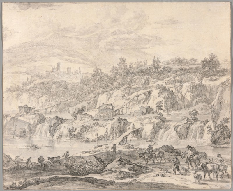 Landscape with Waterfalls and Bridges, Peasants in the Foreground, c.1670. Creator: Nicolaes Berchem.