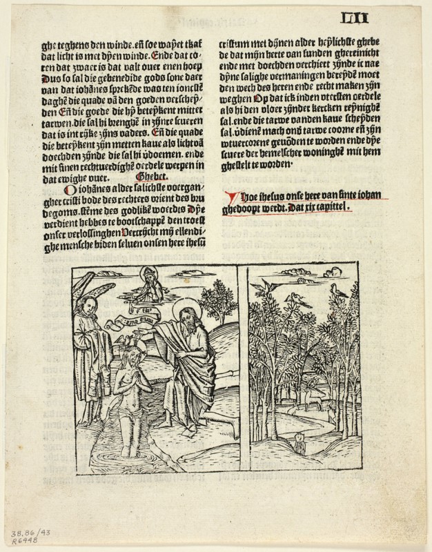 The Baptism of Christ and Forest Scene from Leven Christi (Life of Christ), Plate 43...1929. Creators: Unknown, Pieter van Os, Ludolph of Saxony, Wilhelm Ludwig Schreiber.