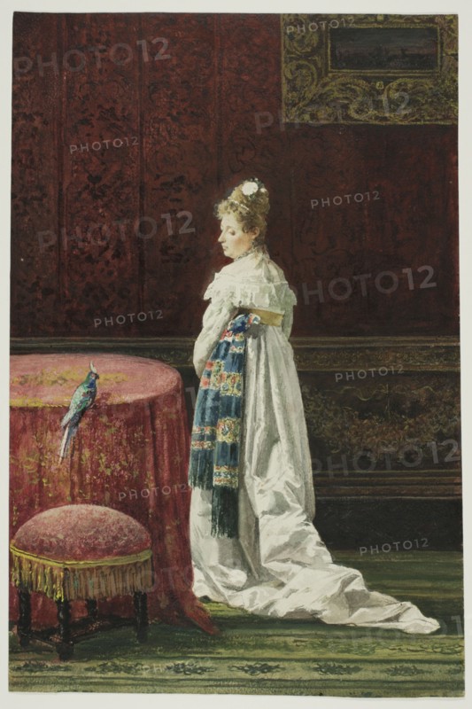 Woman with a Green Parrot, 1850/1880. Creator: Joaquin Agrasot y Juan.
