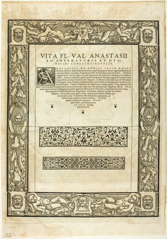 Decorative Border (recto) and Portrait of Emporer Anastasius (verso), plate nine...1937. Creators: Hans Rudolf Manuel Deutsch, Max Geisberg, Peter Flotner.