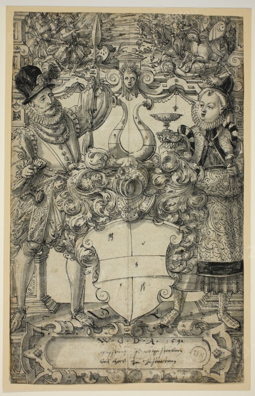 The Arms of Habsberg Flanked by an Elegant Couple, 1587. Creator: Daniel Lindtmayer.