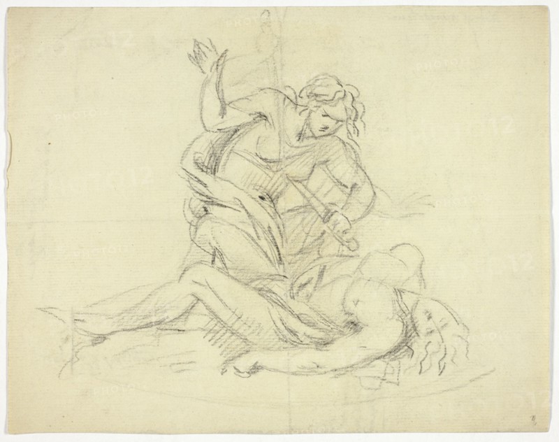 Pyramus and Thisbe (recto); Three Male Figures with Mausoleum Floor Plan (verso)..., 19th... Creator: Thomas Banks.