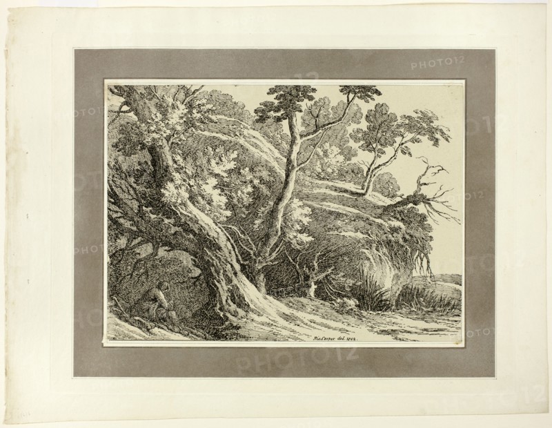 Landscape with Large Trees, from the first issue of Specimens of Polyautography, 1802. Creator: Richard Cooper.