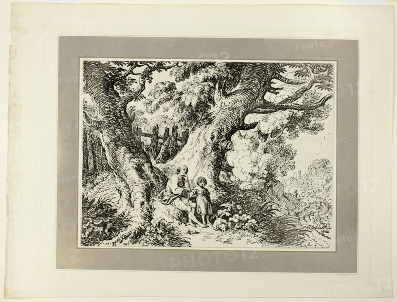 Old Trees with Old Man, a Girl, and a Dog, from the first issue of Specimens of..., 1802. Creator: Richard Corbould.