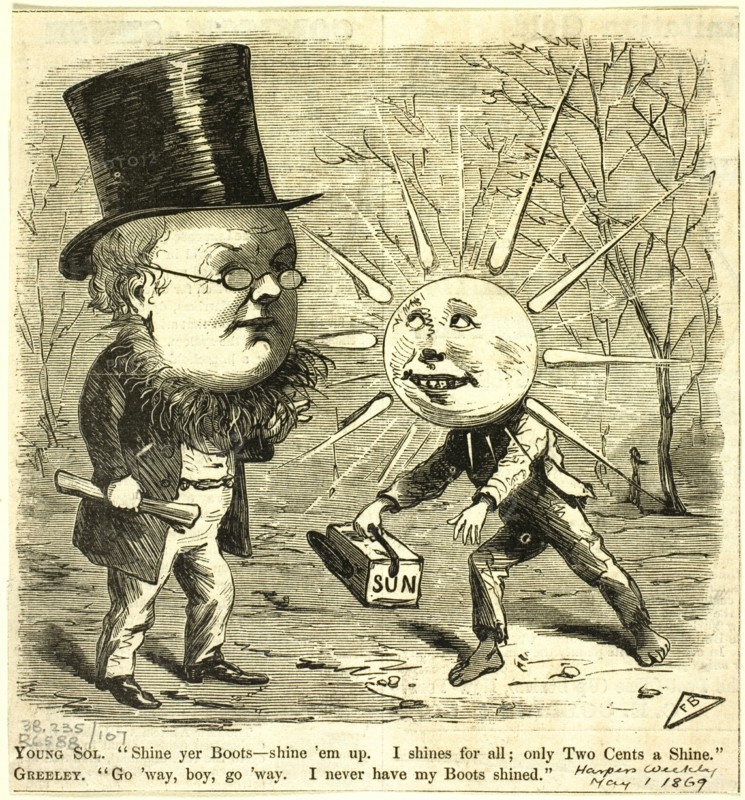 Young Sol and Greely, from Harper's Weekly, published May 1, 1869. Creator: Frank Beard.