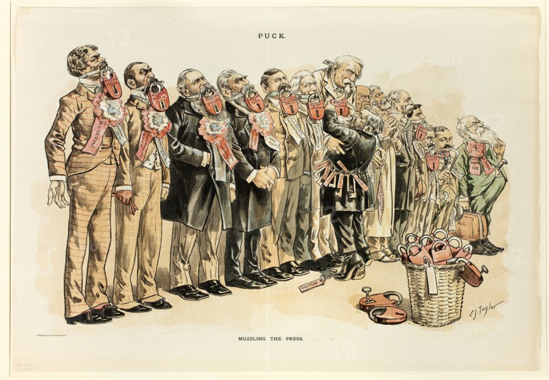 Muzzling the Press, from Puck, published May, 1889. Creator: Charles Jay Taylor.