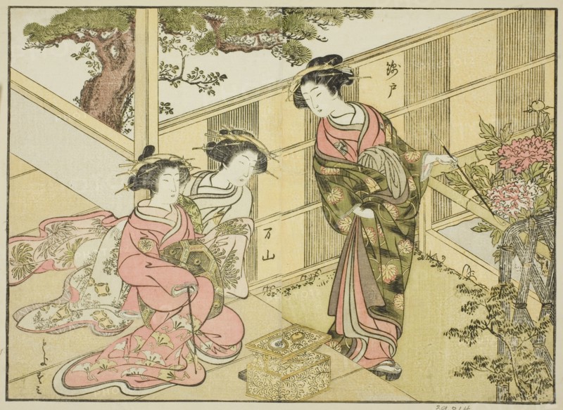 Courtesans of the Chojiya, from the book "A Comparison of Beauties of the Green Houses..., 1776. Creator: Shunsho.