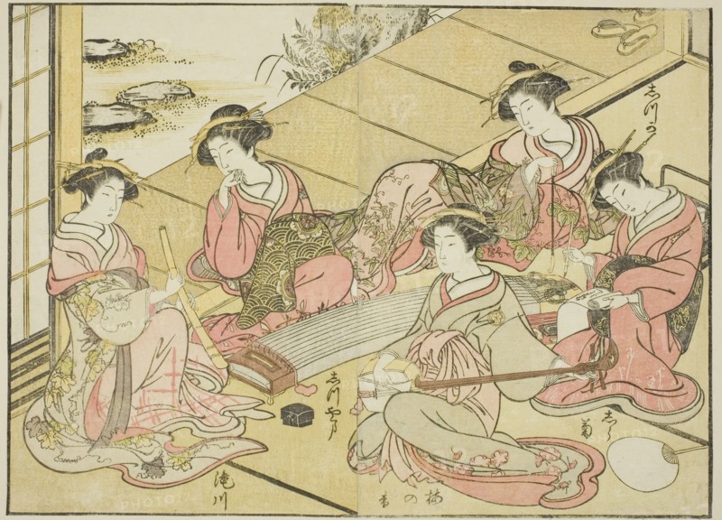 Courtesans of the Tamaya, from the book "Mirror of Beautiful Women of the Pleasure Quarters..., 1776 Creator: Shunsho.