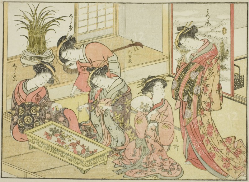 Courtesans of the Wakanaya, from the book "Mirror of Beautiful Women of the Pleasure..., 1776. Creator: Shunsho.