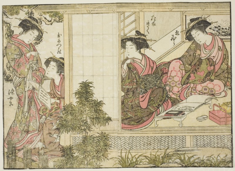 Courtesans of Oebuji, from the book "Mirror of Beautiful Women of the Pleasure Quarters..., 1776. Creator: Shunsho.
