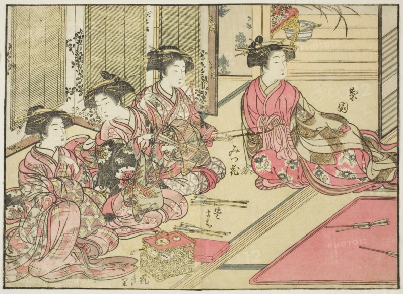 Courtesans of Kiriya, from the book "Mirror of Beautiful Women of the Pleasure Quarters..., 1776. Creator: Shunsho.