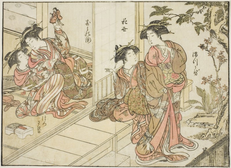 Courtesans of Maruebiya, from the book "Mirror of Beautiful Women of the Pleasure Quarters..., 1776. Creator: Shunsho.