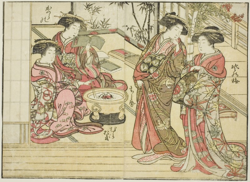 Courtesans of Otawaraya, from the book "Mirror of Beautiful Women of the Pleasure Quarters..., 1776. Creator: Shunsho.