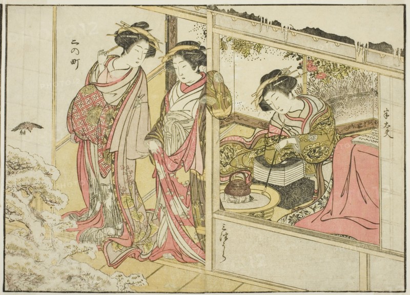 Courtesans of the Nakaomiya, from the book "Mirror of Beautiful Women of the Pleasure..., 1776. Creator: Shunsho.