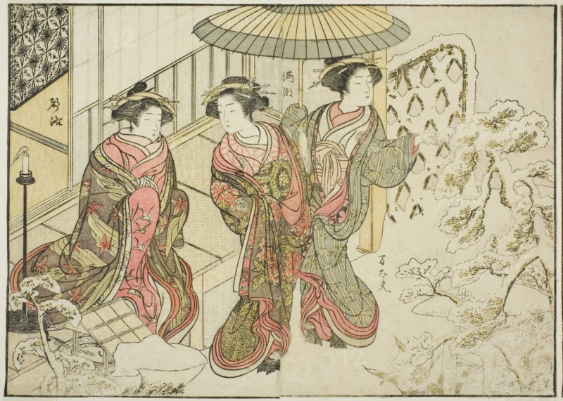Courtesans of the Nakaomiya, from the book "Mirror of Beautiful Women of the Pleasure..., 1776. Creator: Shunsho.