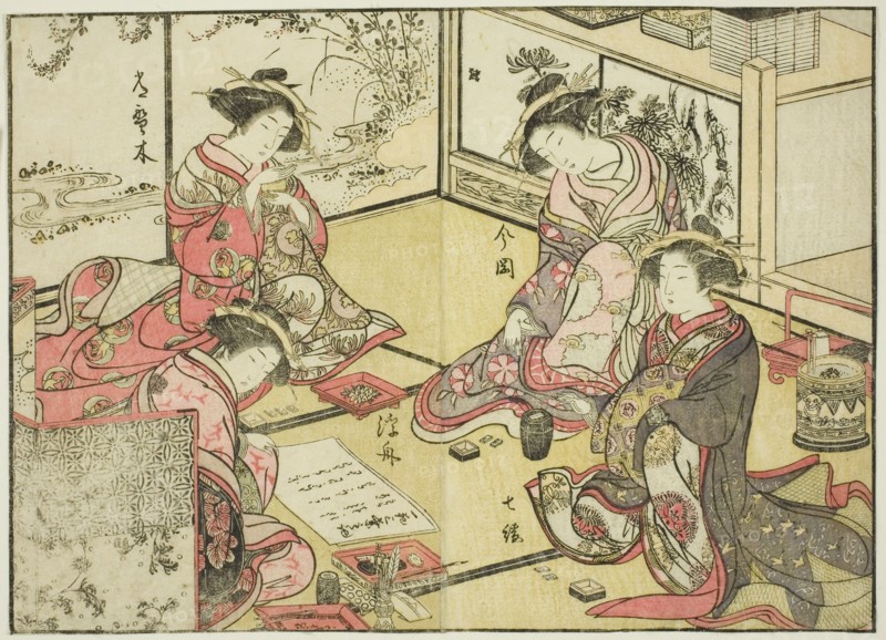 Courtesans of the Kadokaneya, from the book "Mirror of Beautiful Women of the Pleasure..., 1776. Creator: Shunsho.