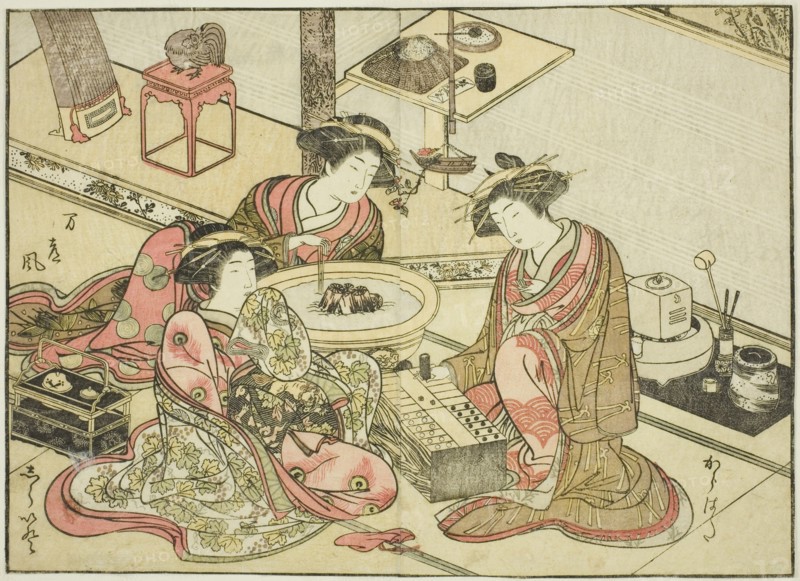 Courtesans of the Yamashiroya, from the book "Mirror of Beautiful Women of the Pleasure..., 1776. Creator: Shunsho.