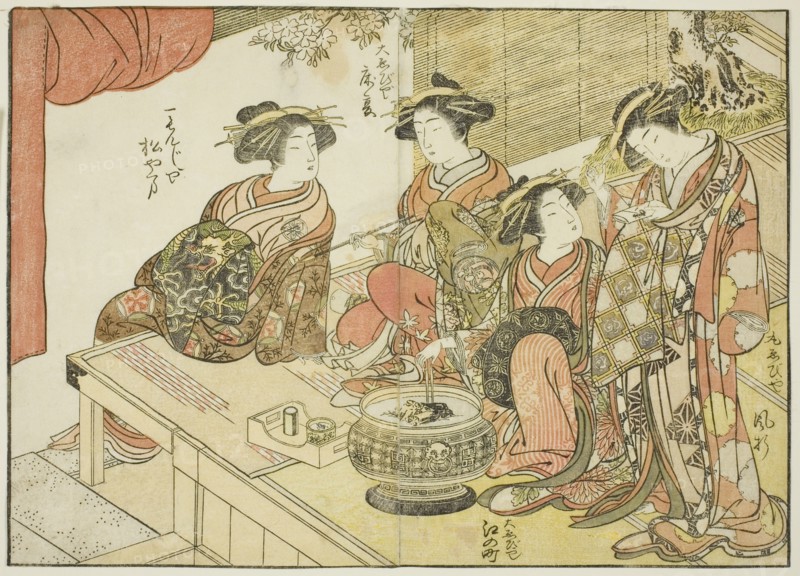 Four courtesans of various houses, from the book "Mirror of Beautiful Women of the Pleasure..., 1776 Creator: Shunsho.