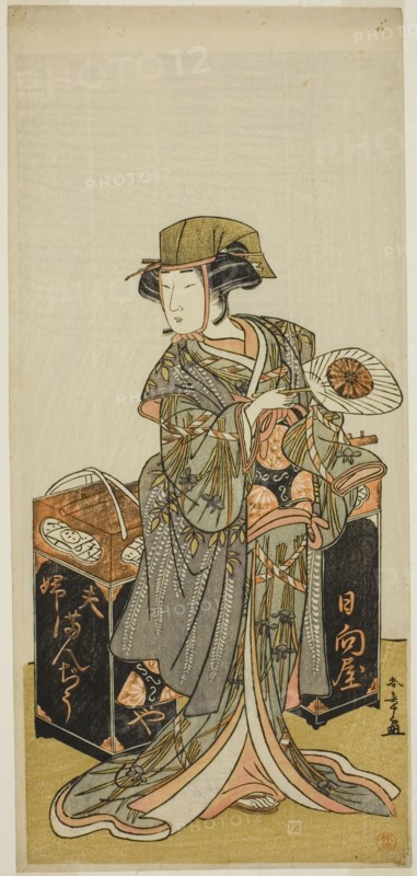 The Actor Nakamura Tomijuro I as the Female Beancake Peddler Hyugaya in the Play..., c. 1777. Creator: Shunsho.