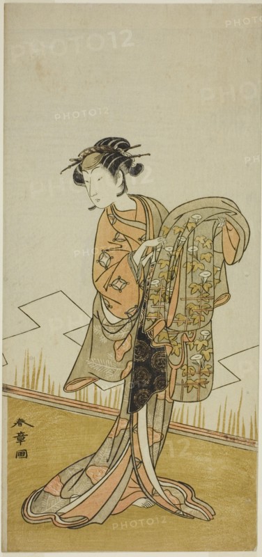 The Actor Nakamura Riko I as the Courtesan Wakamatsu (?) in the Play Gohiiki Kanjincho..., c. 1773. Creator: Shunsho.