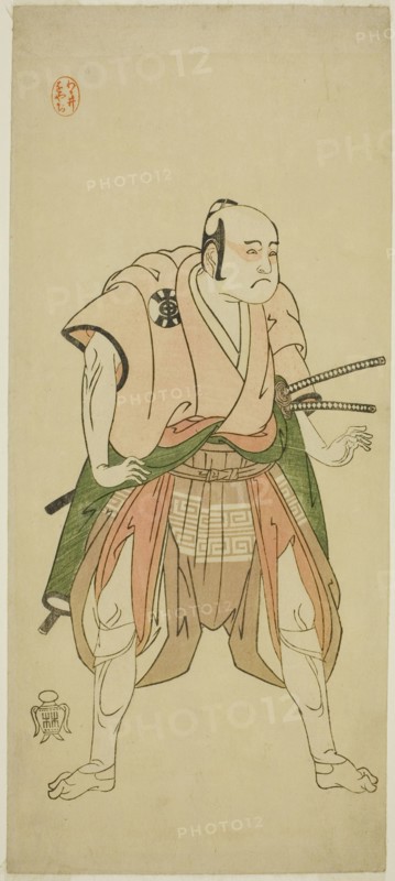 The Actor Bando Sampachi I as Yawata no Saburo (?) in the Play Shuen Soga Omugaeshi..., c. 1768. Creator: Shunsho.