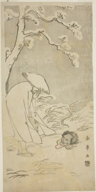 A Pilgrim Praying through the Night to the Buddha (kannenbutsu) is Startled by a Ghostly..., c.1768. Creator: Shunsho.