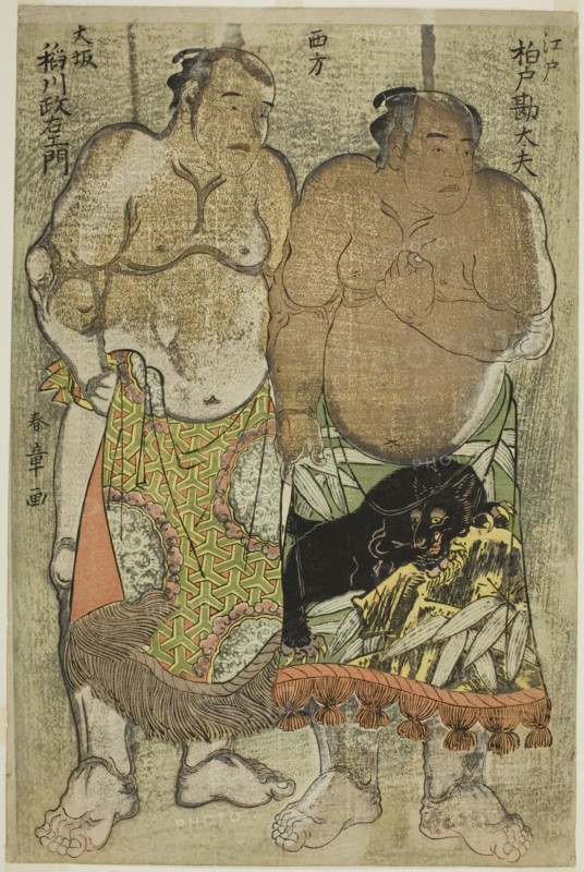 Sumo Wrestlers of the Western Group: (right) Kashiwado Kandayu from Edo, (left) and..., c. 1784. Creator: Shunsho.