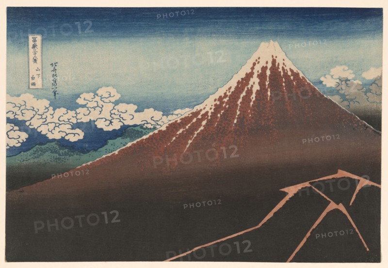 Shower Below the Summit (Sanka hakuu), from the series "Thirty-Six Views of Mount Fuji..., c1830/33. Creator: Hokusai.
