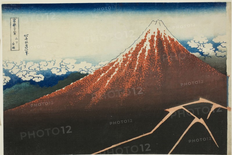 Shower Below the Summit (Sanka hakuu), from the series "Thirty-Six Views of Mount Fuji...c1830/33. Creator: Hokusai.