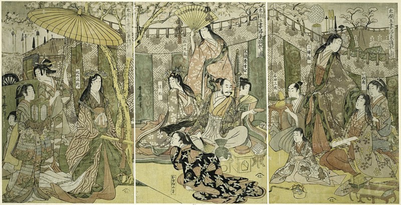 Picture of Hideyoshi and his Five Wives Viewing Cherry Blossoms at Higashiyama..., Japan, c.1803/04. Creator: Kitagawa Utamaro.