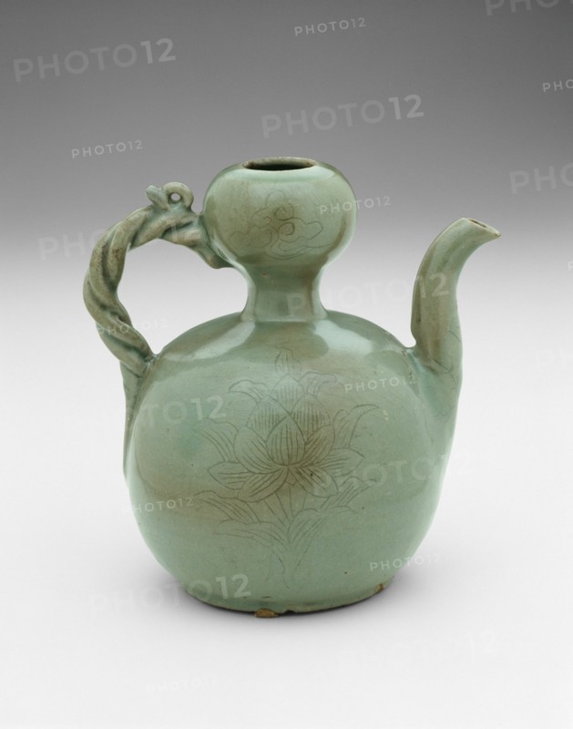 Gourd-Shaped Ewer with Twisted Rope Handle, Lotus Leaves, and Floral Sprays..., 12th century. Creator: Unknown.