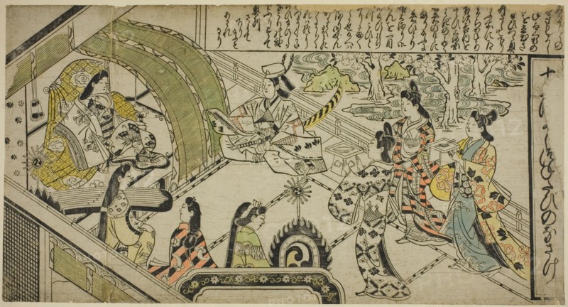 Yoshitsune's Encounter with Princess Joruri, from "The Tale of Joruri in Twelve..., c. 1684/1704. Creator: Sugimura Jihei.