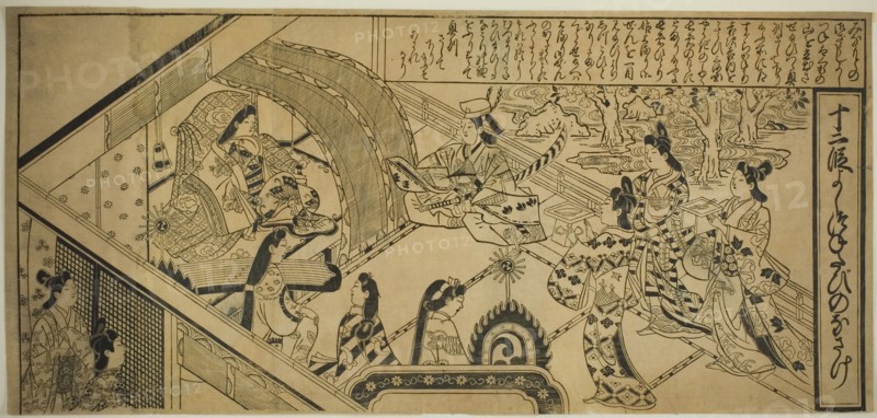 Yoshitsune's Encouter with Princess Joruri, from "The Tale of Joruri in Twelve..., c. 1684/1704. Creator: Sugimura Jihei.