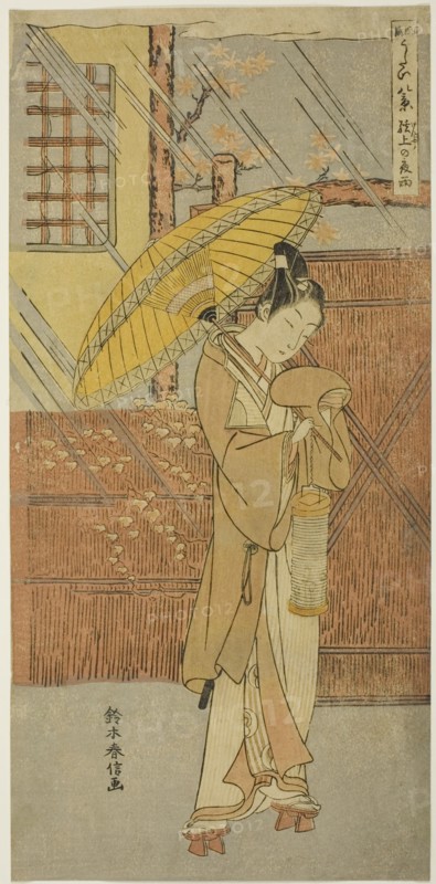 Night Rain of Genjo (Genjo no yau), from the series "Parodies of Eight Scenes from Noh..., c. 1767. Creator: Suzuki Harunobu.