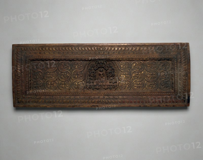 Manuscript Cover with Enshrined Sakyamuni Buddha with Hand in Earth Touching..., 15th century. Creator: Unknown.